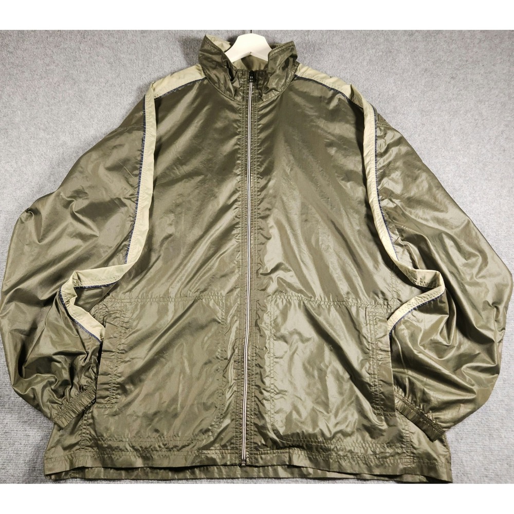 R&R Sport Windbreaker Mens 46T Olive Green Colorblock Stripe Full Zip Tall